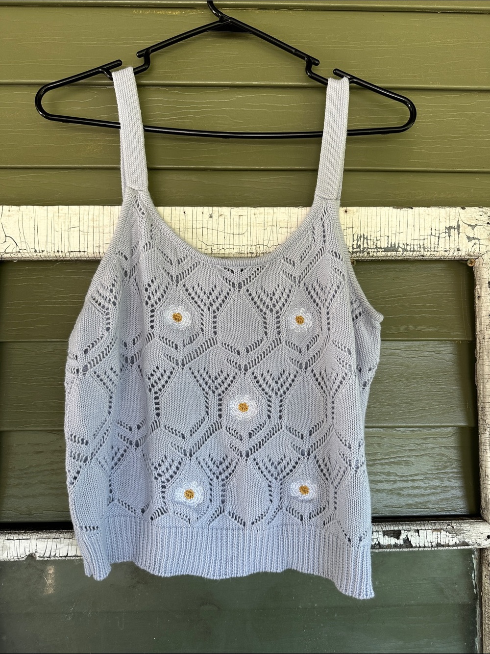 Light Blue Knit Floral Openwork Tank Top - Women